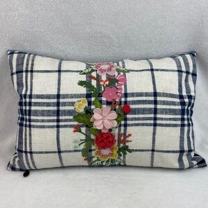 Pier 1 Navy and White Textured Fabric Floral Embroidered Lumbar Pillow 20”